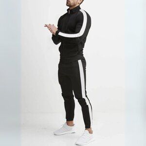 Men's Black & White Side Stripe Zip Up Top & Pants Athletic Outfit